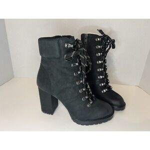New Gianni Bini Black Suede Lace Up Ankle Block Heel Booties Size 8.5